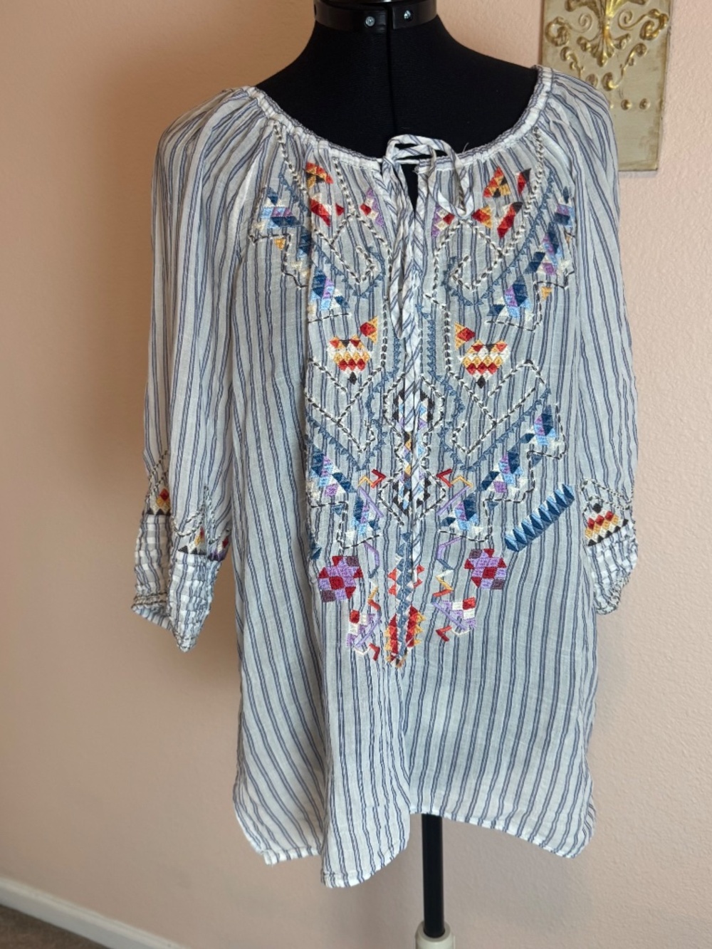 Johnny Was 3J Workshop Striped Embroidered Tribal Blouse Small